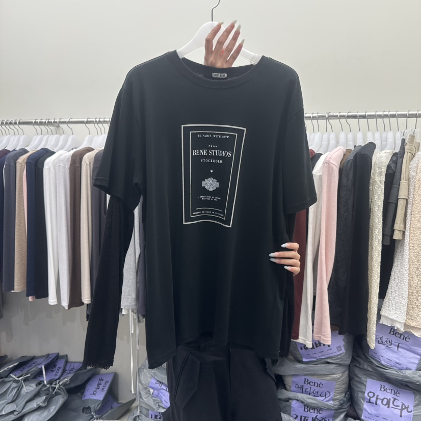 BENE東大門實拍女士新款熱賣時尚人氣推薦休閑長袖T恤假兩件SHOP BENE_Bene長袖T恤圖色6黑色