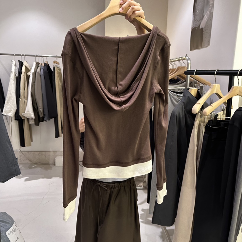 ANDMORE BUTTON東大門直郵女士新品熱賣長袖T恤假兩件連帽衫撞色ANDMORE BUTTON長袖T恤