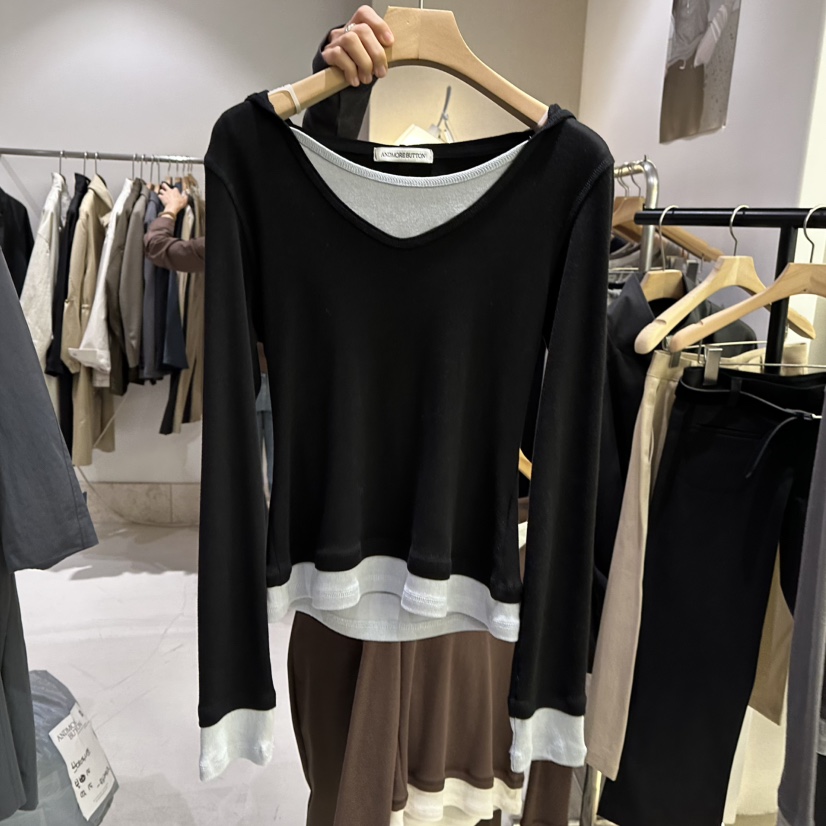 ANDMORE BUTTON東大門直郵女士新品熱賣長袖T恤假兩件連帽衫撞色ANDMORE BUTTON長袖T恤圖色3