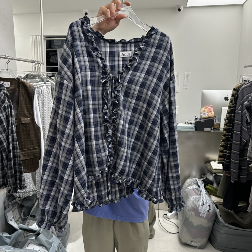 ANDE東大門實拍女裝新款時尚真品休閑襯衫蕾絲衫格紋磨毛ANDE襯衫/蕾絲衫圖色2深藍色