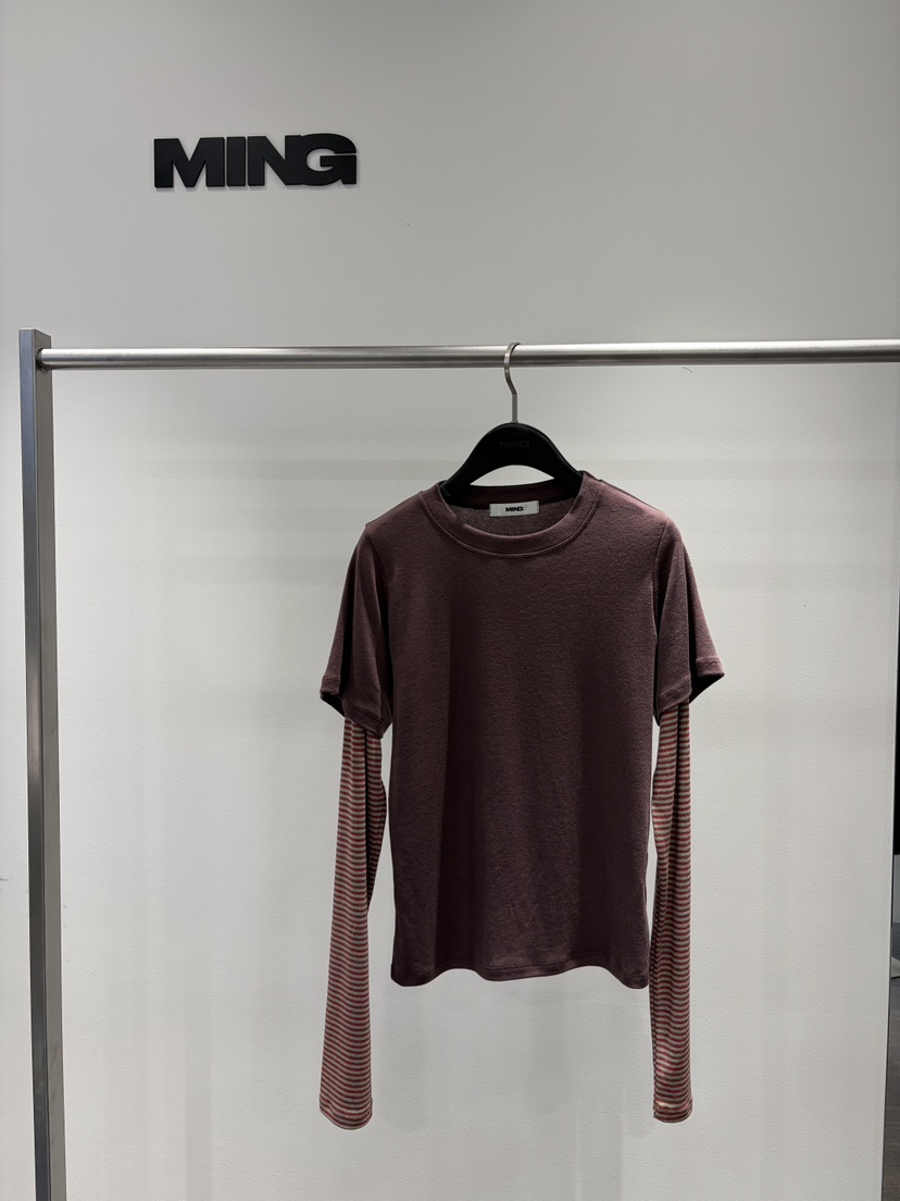 MING/MENG東大門代購女裝新品休閑時尚長袖T恤假兩件條紋MING/MENG長袖T恤圖色1