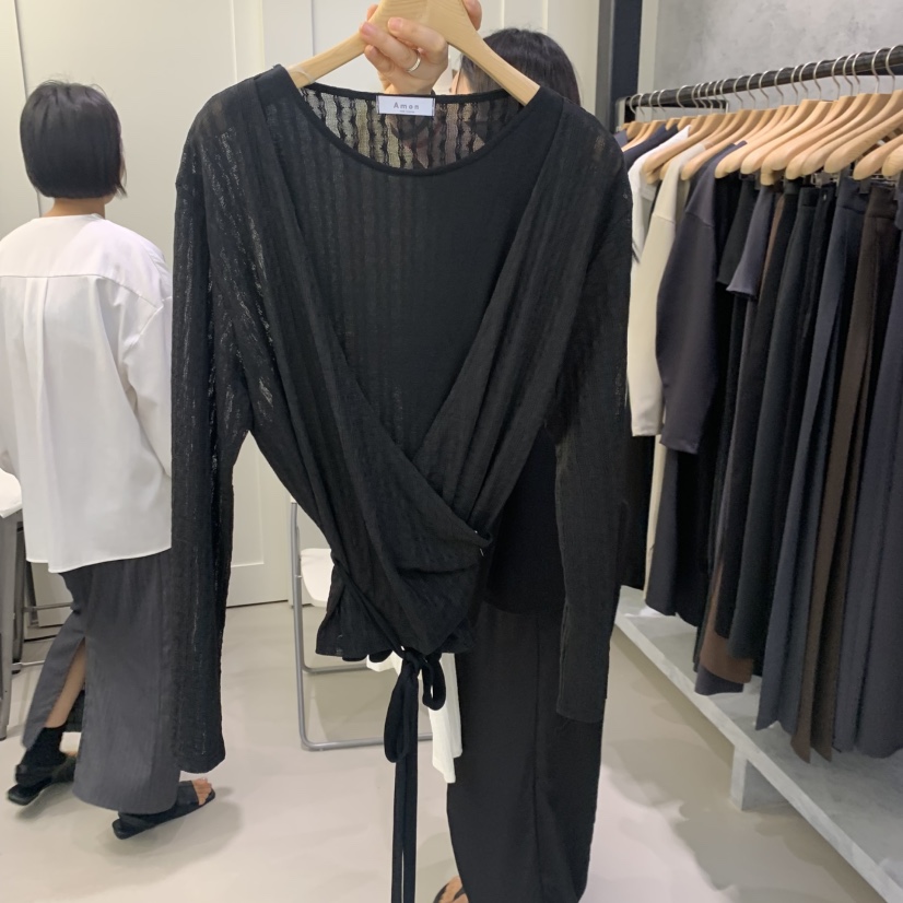 AMON韓國直郵女裝新品真品休閑人氣時尚長袖T恤假兩件V領AMON長袖T恤圖色3