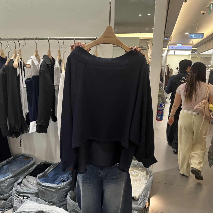 RENDER韓國代購女士新品時尚休閑推薦熱賣人氣真品衛衣露肩RENDER衛衣圖色2深藍色