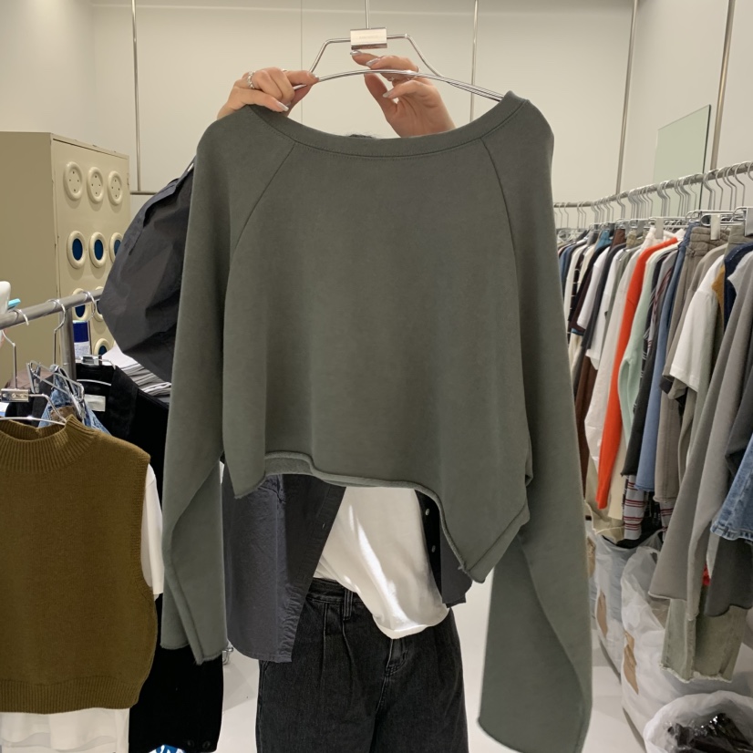BANY ANCO韓國直郵女裝新款休閑推薦熱賣衛衣不對稱水洗BANY ANCO衛衣圖色3卡其綠