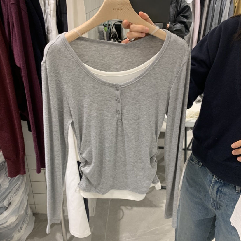 WELL ROW東大門直郵女士新品時尚長袖T恤假兩件撞色褶皺紐扣WELL ROW長袖T恤圖色1