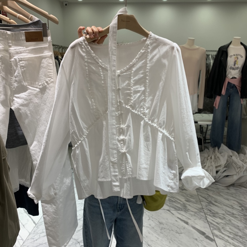WELL ROW韓國代購女士新款推薦休閑人氣襯衫蕾絲衫含脖帶WELL ROW襯衫/蕾絲衫圖色2白