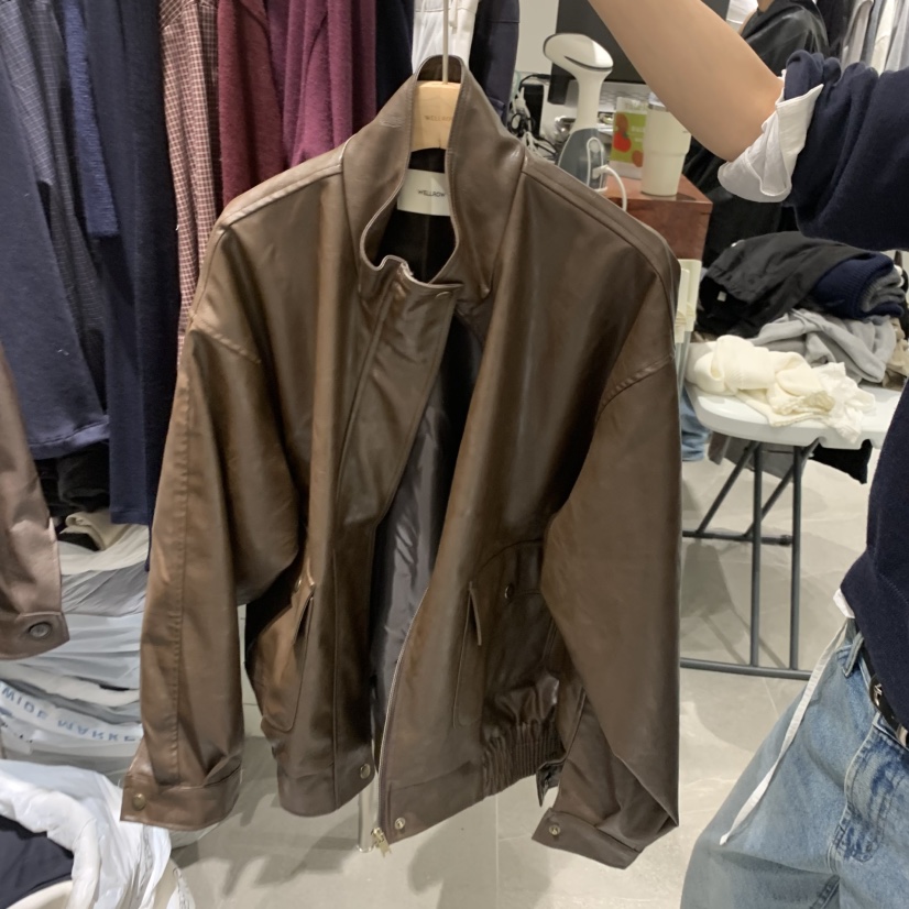 WELL ROW韓國直郵女裝新品時尚熱賣推薦真品皮衣高領短款WELL ROW皮衣圖色1