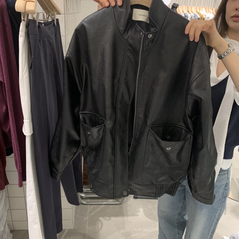 WELL ROW韓國直郵女裝新品時尚熱賣推薦真品皮衣高領短款WELL ROW皮衣圖色2