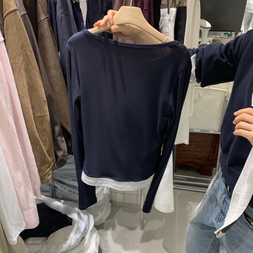 WELL ROW東大門實拍女士新品熱賣長袖T恤假兩件撞色開衫條紋WELL ROW長袖T恤