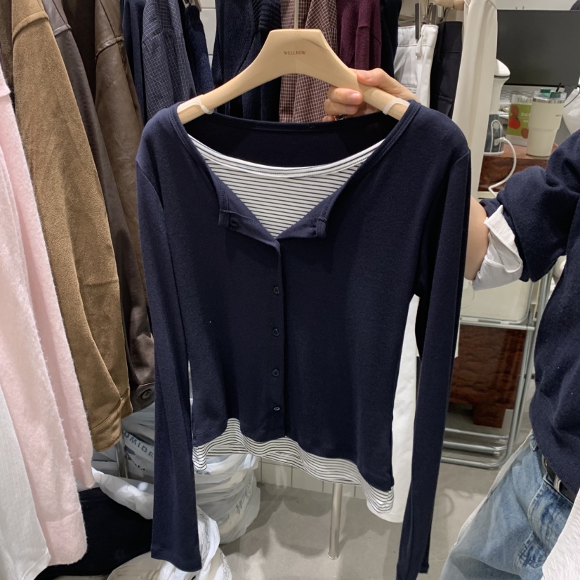 WELL ROW東大門實拍女士新品熱賣長袖T恤假兩件撞色開衫條紋WELL ROW長袖T恤圖色1
