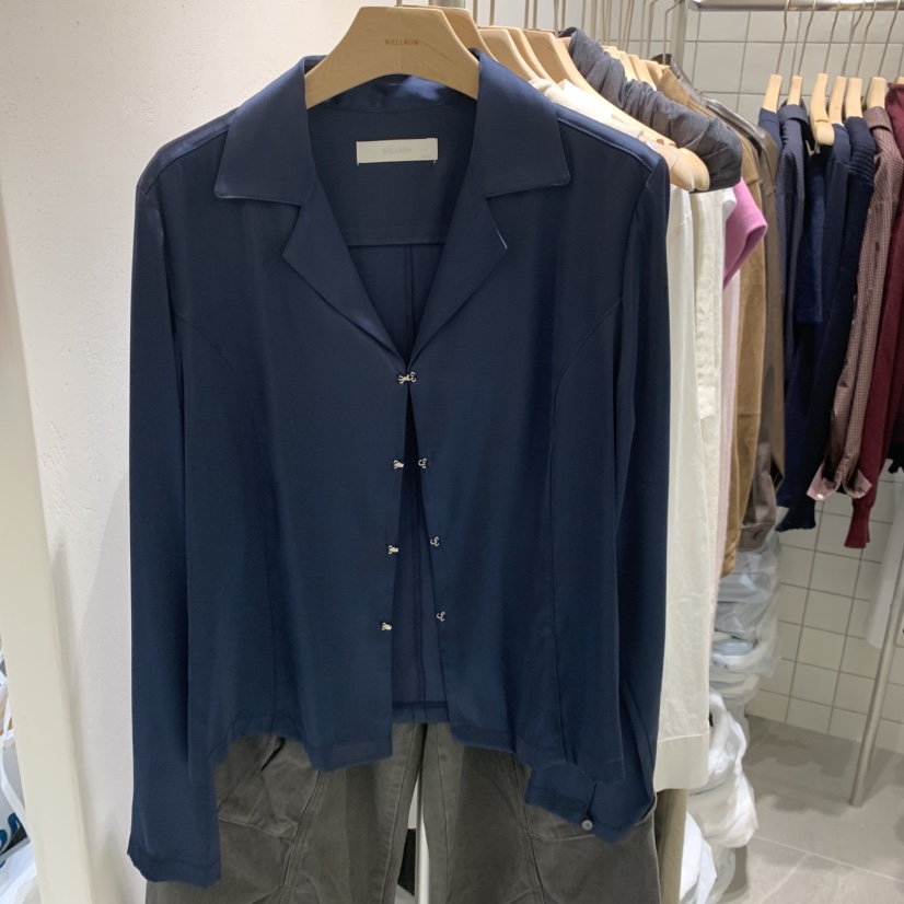 WELL ROW東大門直郵女士新品真品熱賣休閑襯衫蕾絲衫緞面WELL ROW襯衫/蕾絲衫圖色1深藍色