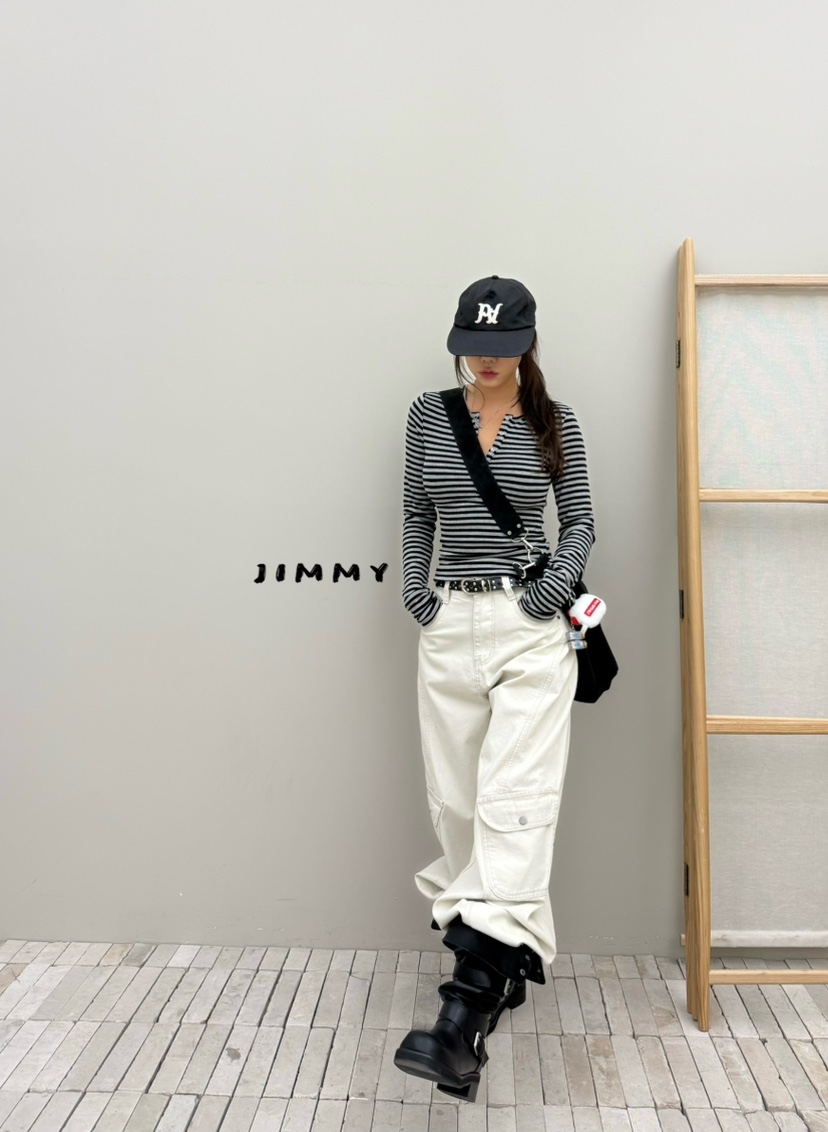 JIMMY東大門直郵女裝新款熱賣時尚推薦真品休閑長袖T恤條紋JIMMY/REMAKE長袖T恤