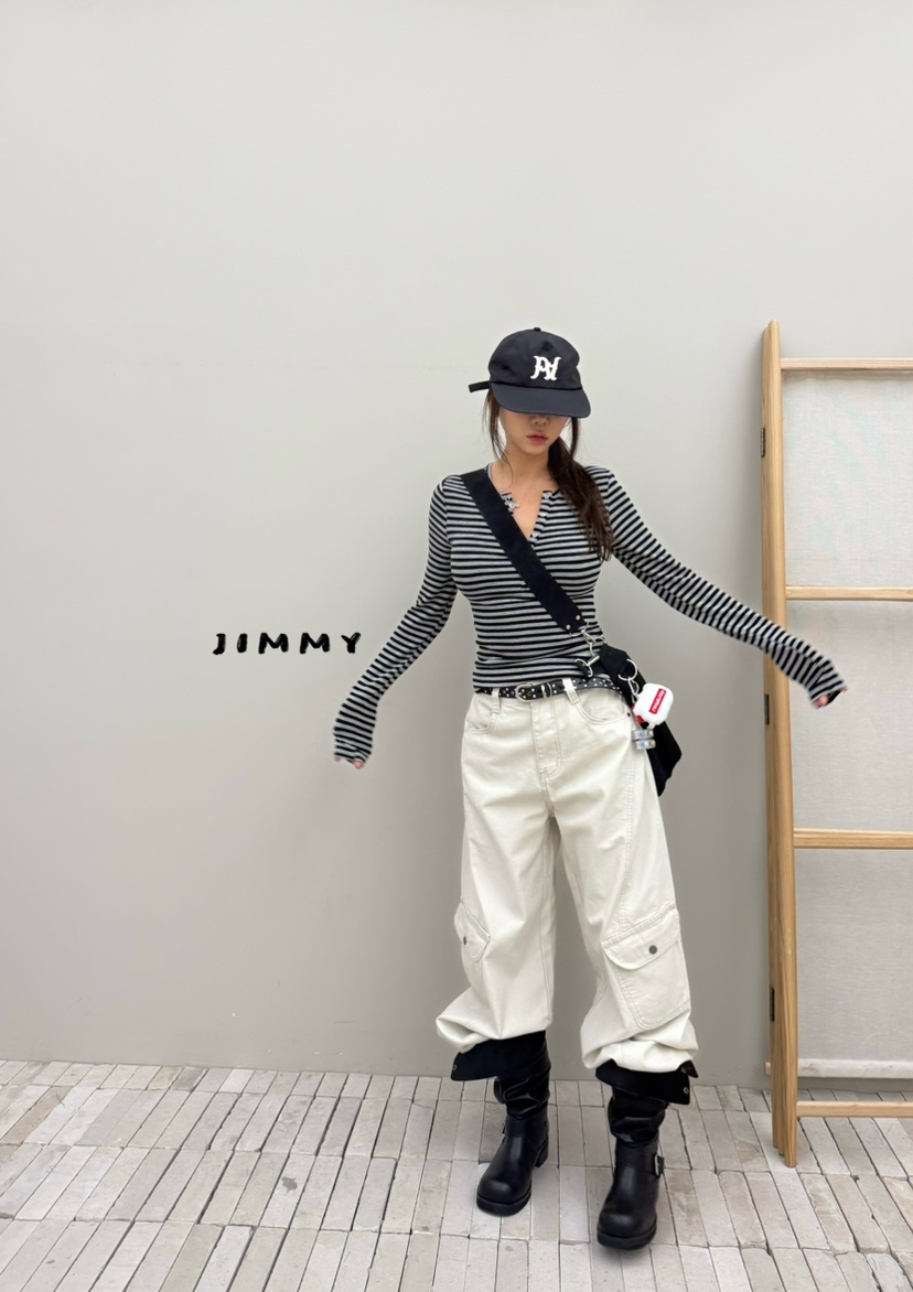 JIMMY東大門直郵女裝新款熱賣時尚推薦真品休閑長袖T恤條紋JIMMY/REMAKE長袖T恤