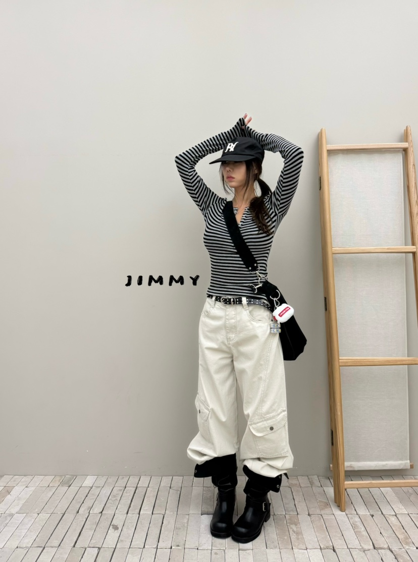 JIMMY東大門直郵女裝新款熱賣時尚推薦真品休閑長袖T恤條紋JIMMY/REMAKE長袖T恤
