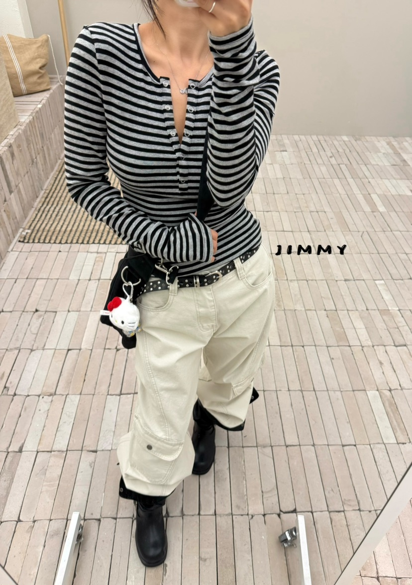 JIMMY東大門直郵女裝新款熱賣時尚推薦真品休閑長袖T恤條紋JIMMY/REMAKE長袖T恤