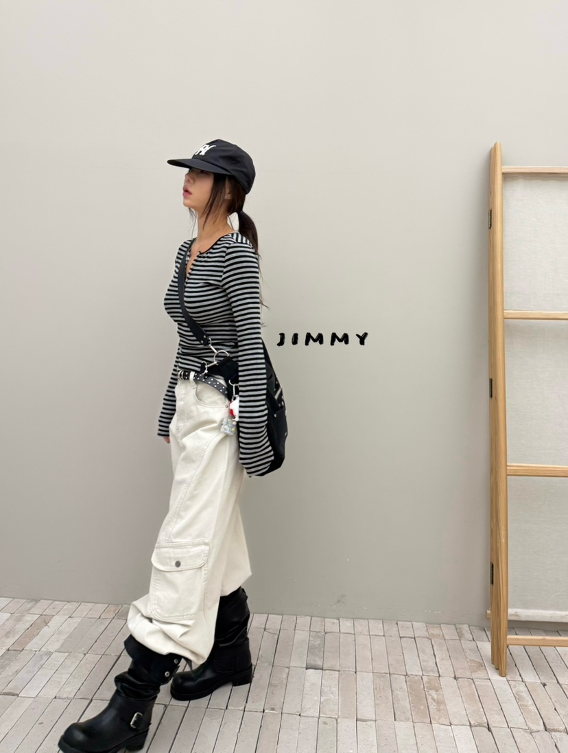 JIMMY東大門直郵女裝新款熱賣時尚推薦真品休閑長袖T恤條紋JIMMY/REMAKE長袖T恤