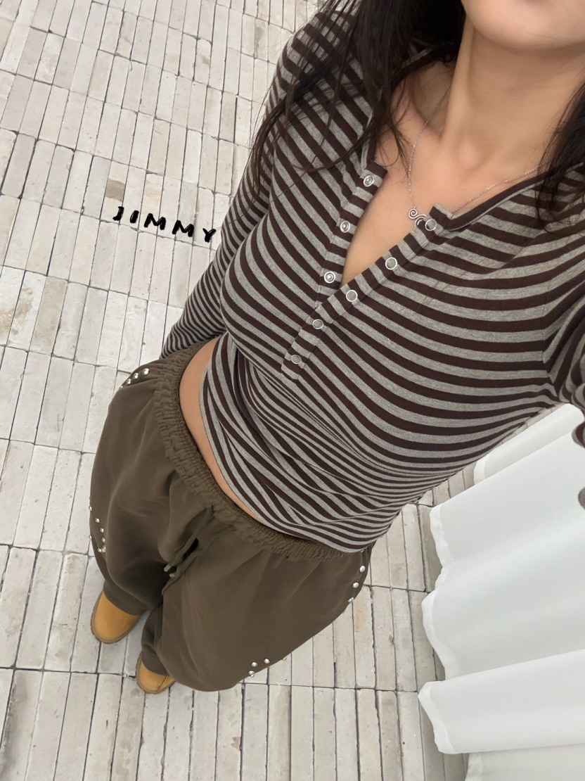 JIMMY東大門直郵女裝新款熱賣時尚推薦真品休閑長袖T恤條紋JIMMY/REMAKE長袖T恤