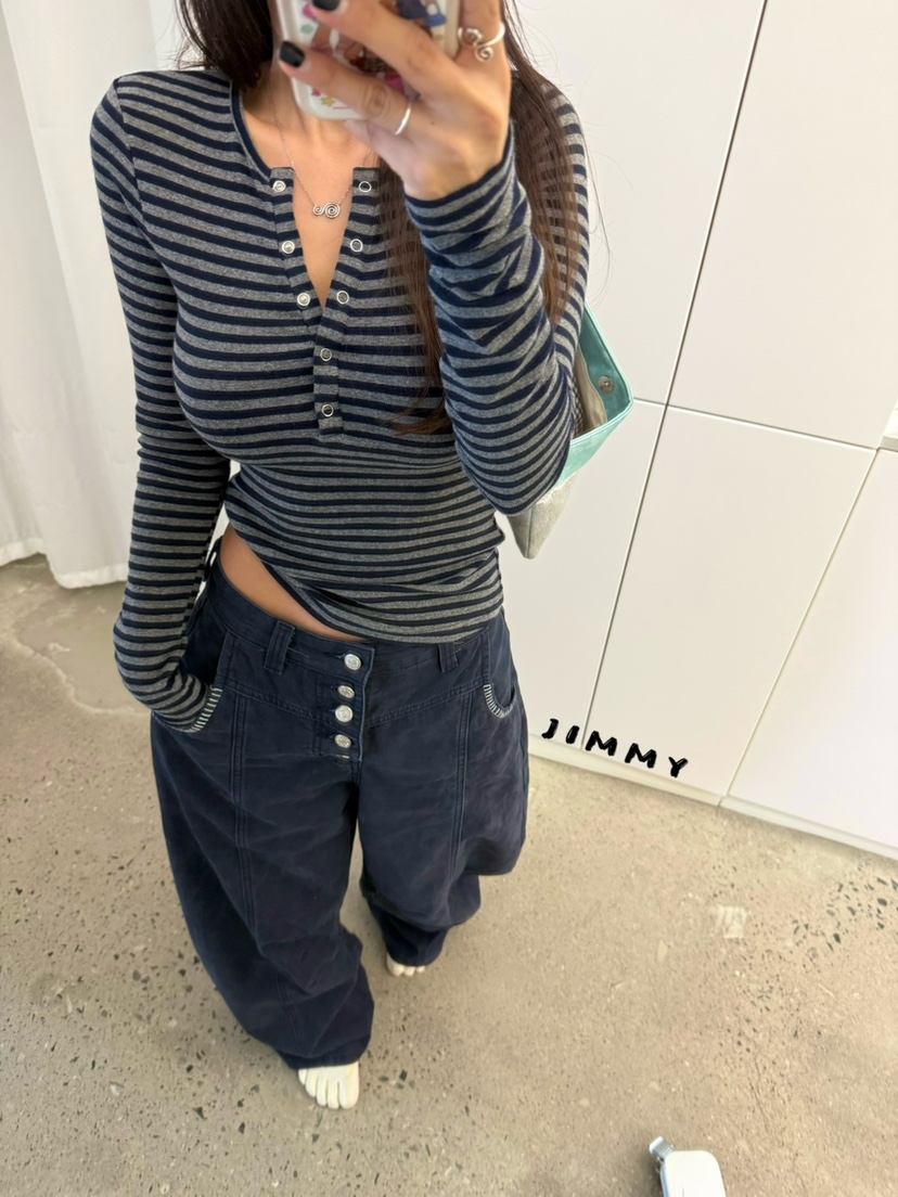 JIMMY東大門直郵女裝新款熱賣時尚推薦真品休閑長袖T恤條紋JIMMY/REMAKE長袖T恤