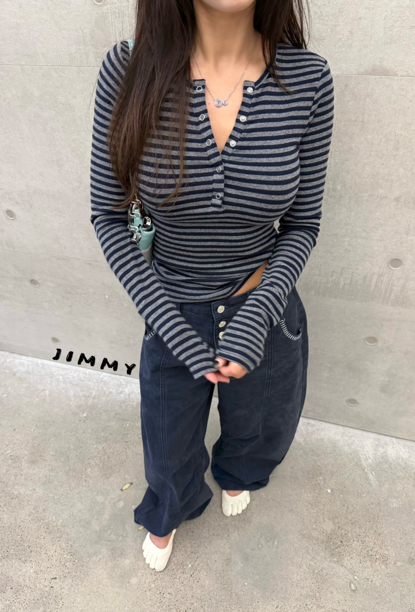 JIMMY東大門直郵女裝新款熱賣時尚推薦真品休閑長袖T恤條紋JIMMY/REMAKE長袖T恤