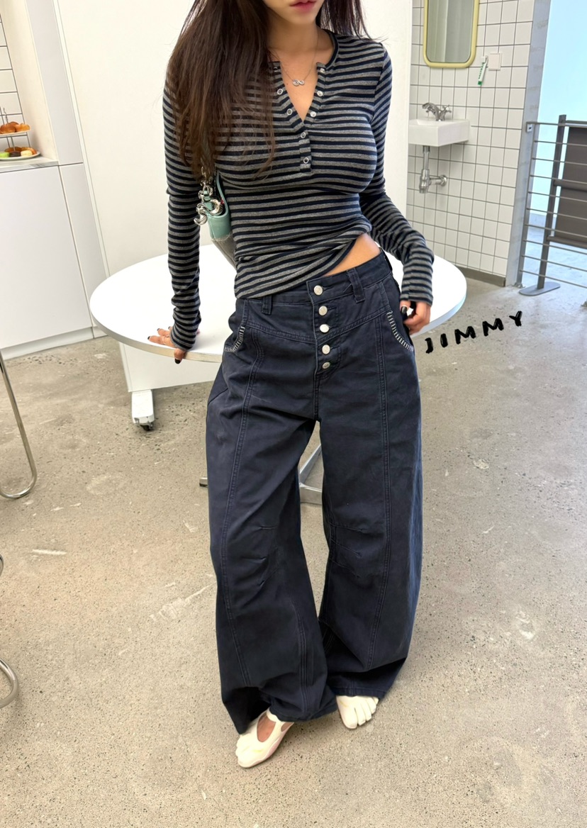 JIMMY東大門直郵女裝新款熱賣時尚推薦真品休閑長袖T恤條紋JIMMY/REMAKE長袖T恤