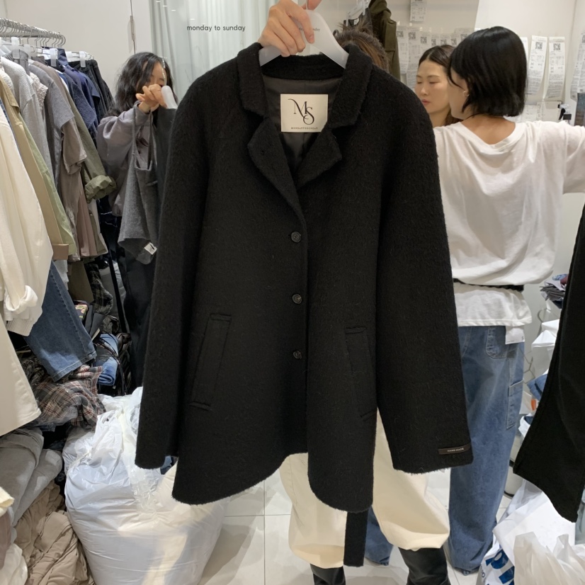 MONDAY TO SUNDAY東大門代購女士新品真品中長款大衣含腰帶MONDAY TO SUNDAY中長款大衣圖色3黑