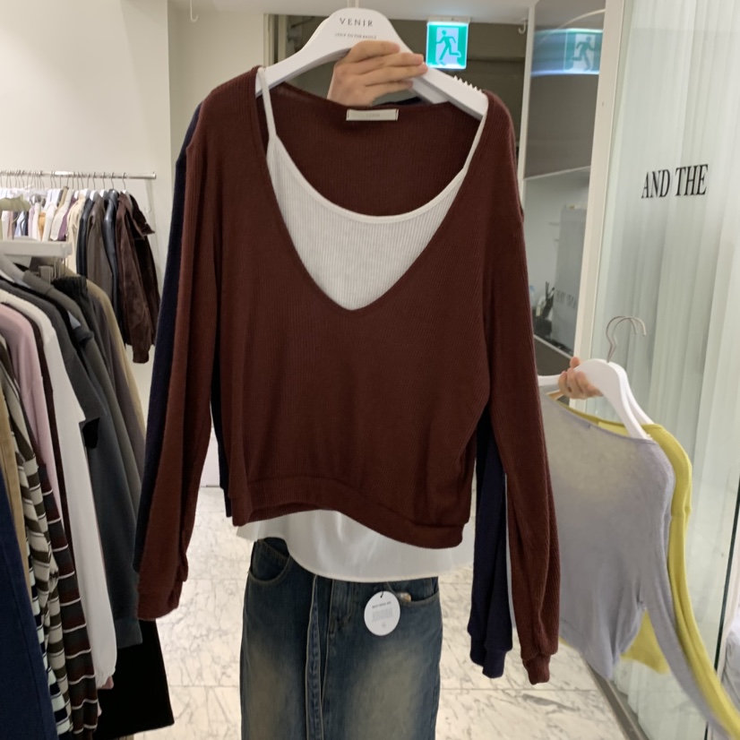 VENIR-A韓國直郵女士新品時尚熱賣推薦真品長袖T恤假兩件VENIR-A長袖T恤圖色4
