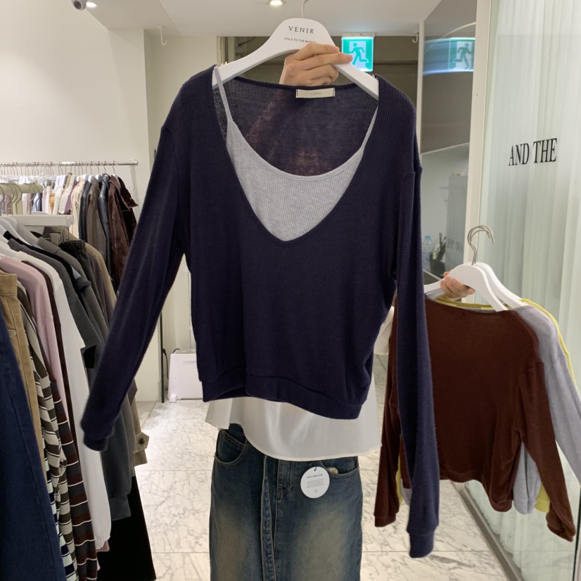 VENIR-A韓國直郵女士新品時尚熱賣推薦真品長袖T恤假兩件VENIR-A長袖T恤圖色5紫色