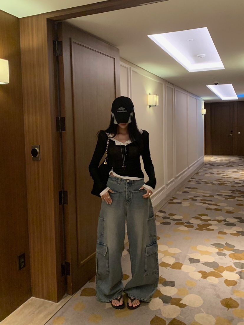 BADCALM東大門實拍女裝新品休閑人氣推薦時尚牛仔褲雙排扣BADCALM牛仔褲