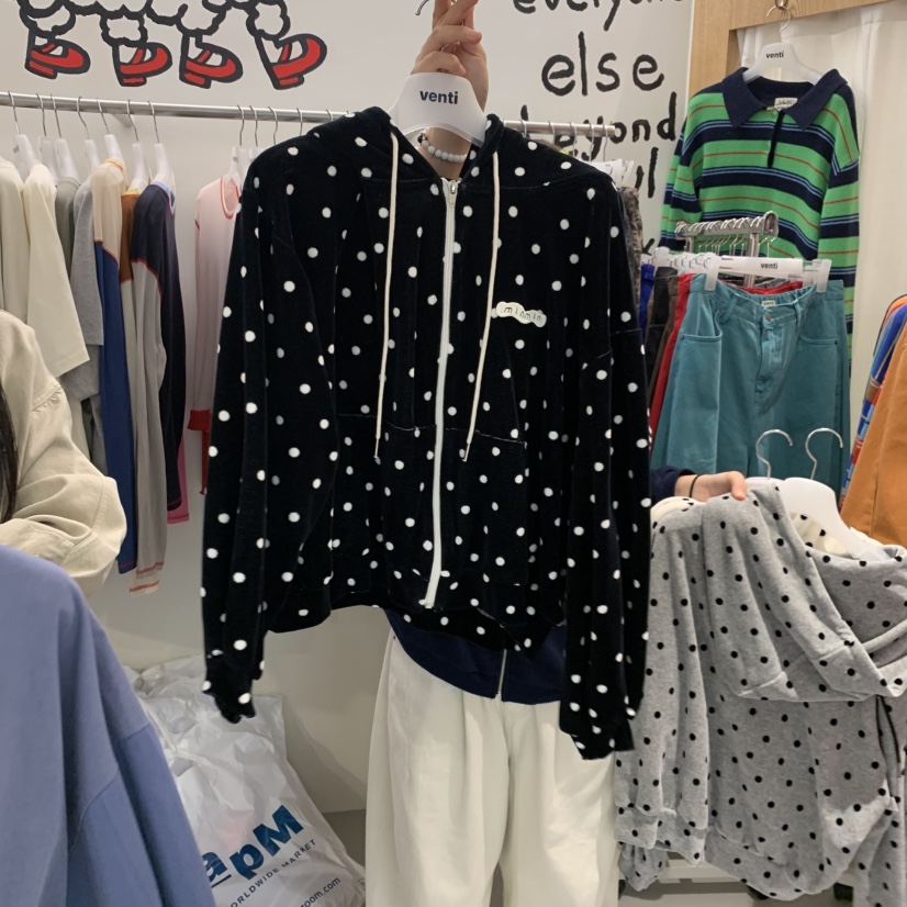VENTI東大門直郵女士新品真品時尚衛衣拉鏈連帽衫絲絨圓點VENTI衛衣圖色3