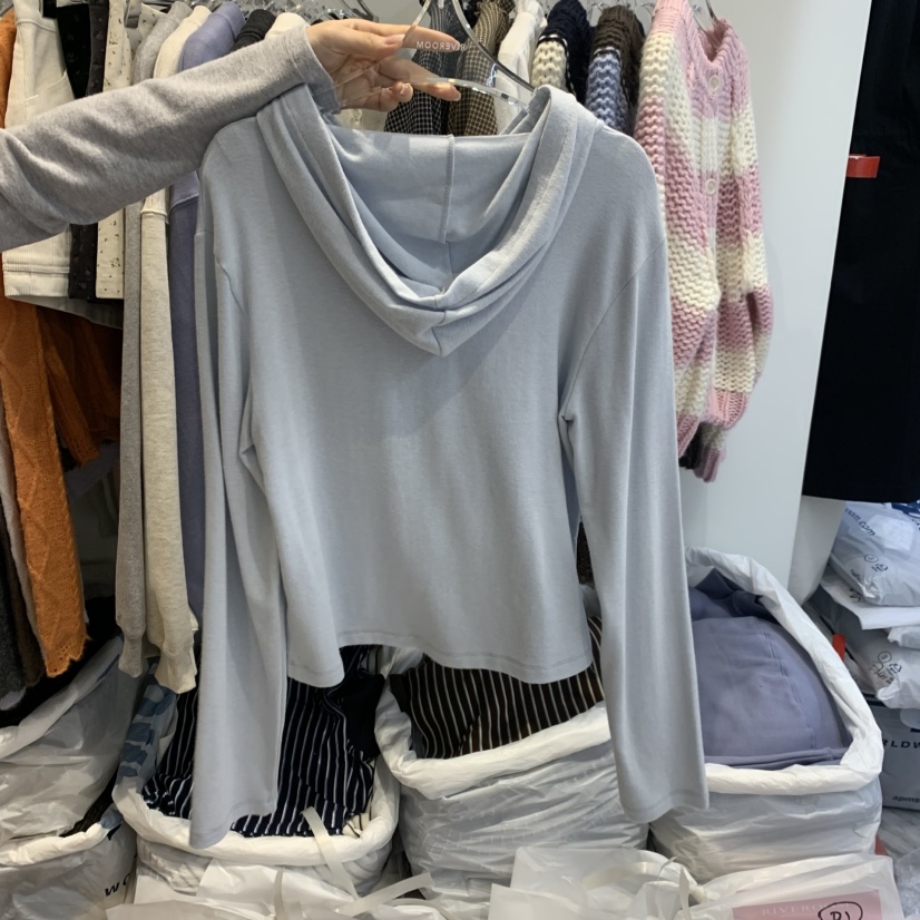 RIVEROOM東大門實拍女裝新品時尚熱賣長袖T恤連帽衫羊毛紐扣RIVEROOM長袖T恤