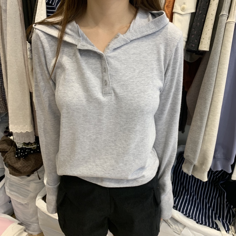 RIVEROOM東大門實拍女裝新品時尚熱賣長袖T恤連帽衫羊毛紐扣RIVEROOM長袖T恤圖色4灰