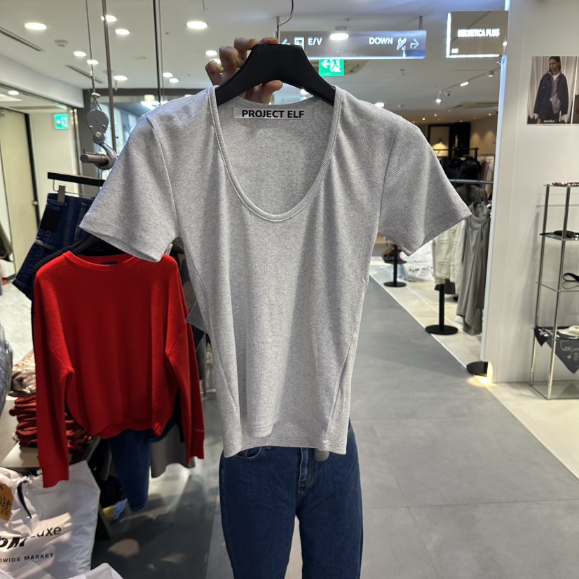 ELF-L東大門直郵女士新品休閑熱賣時尚真品推薦人氣T恤U領PROJECT ELFT恤圖色4花灰色