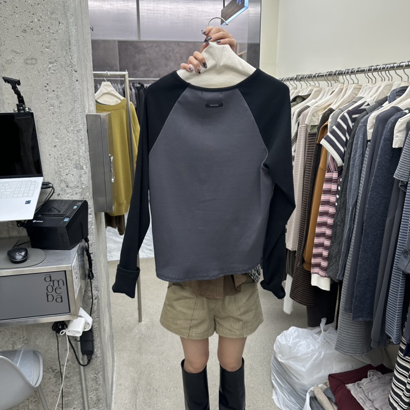AMOEBA東大門實拍女裝新品熱賣人氣時尚長袖T恤插肩袖羅紋AMOEBA長袖T恤