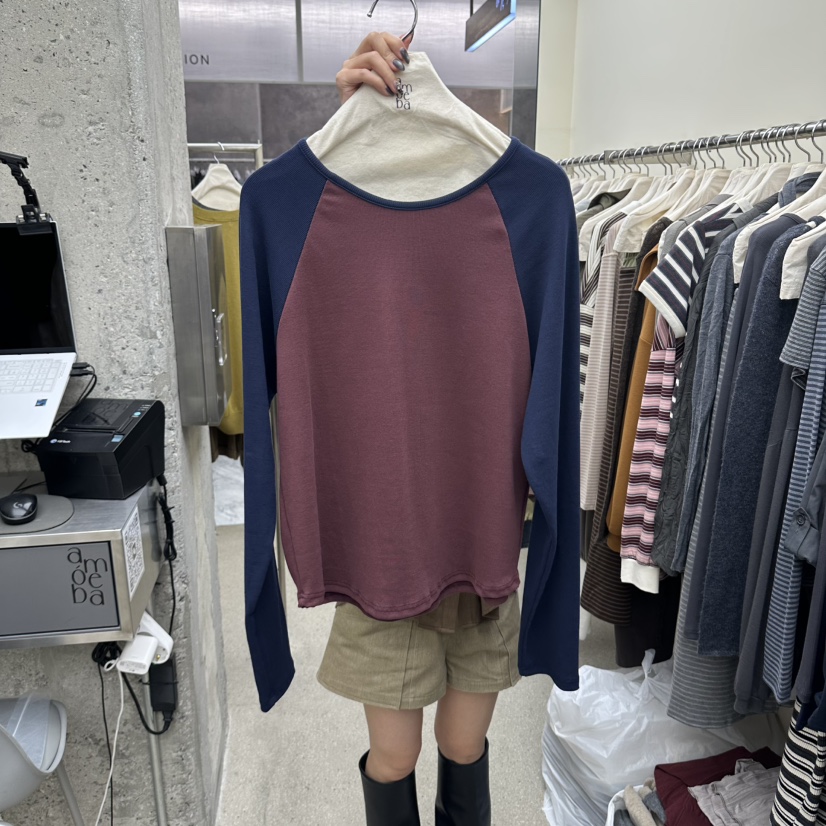 AMOEBA東大門實拍女裝新品熱賣人氣時尚長袖T恤插肩袖羅紋AMOEBA長袖T恤圖色2