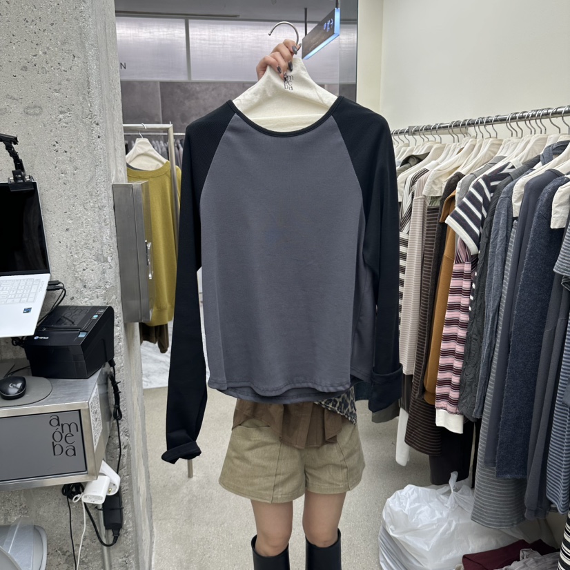 AMOEBA東大門實拍女裝新品熱賣人氣時尚長袖T恤插肩袖羅紋AMOEBA長袖T恤圖色3