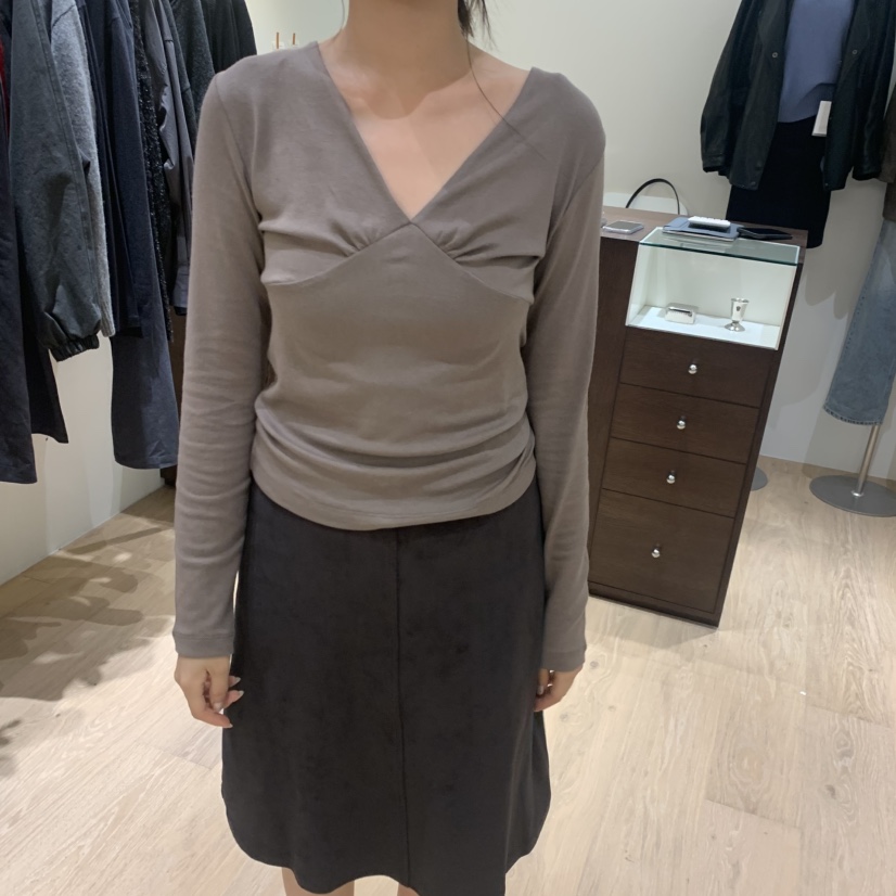 PASTE韓國直郵女裝新款熱賣職業休閑真品人氣長袖T恤褶皺PASTE長袖T恤圖色2淺棕