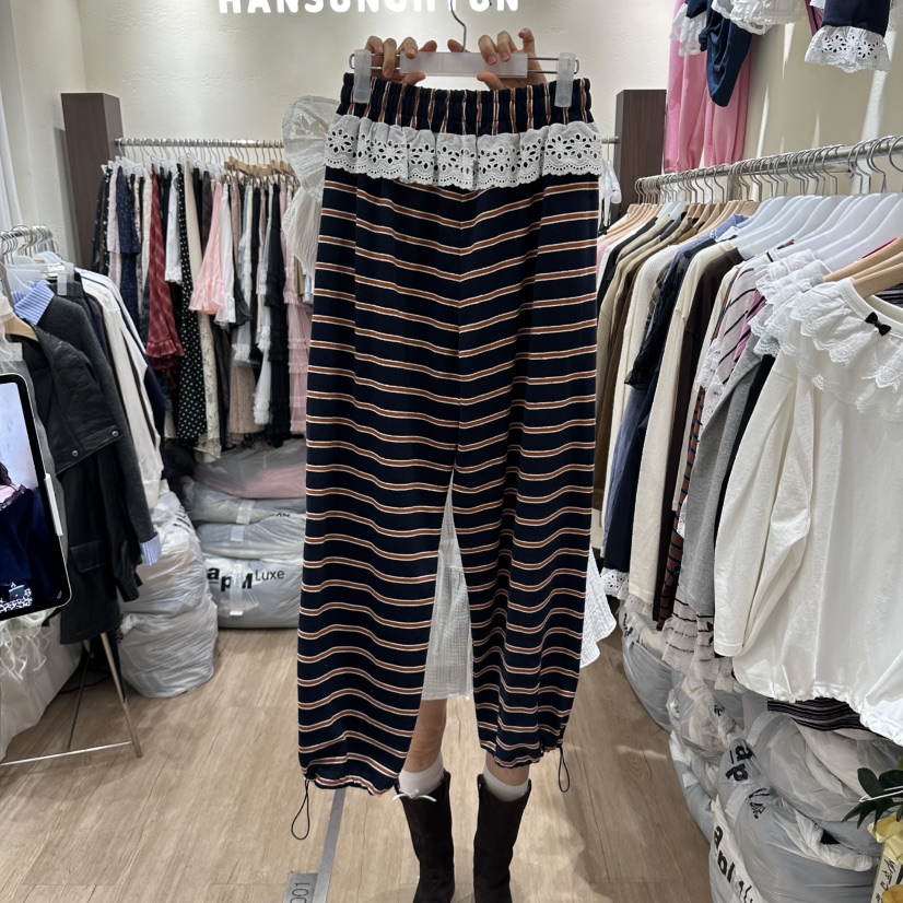 HANSUNGHYUN韓國代購女裝新品推薦時尚熱賣休閑褲蕾絲條紋HANSUNGHYUN休閑褲