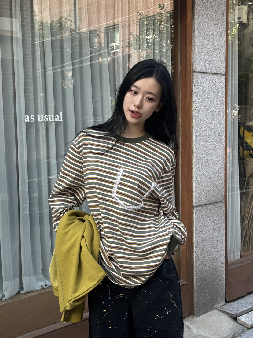 DE LINE東大門直郵女裝新款時尚休閑人氣長袖T恤口袋條紋DE LINE長袖T恤圖色2