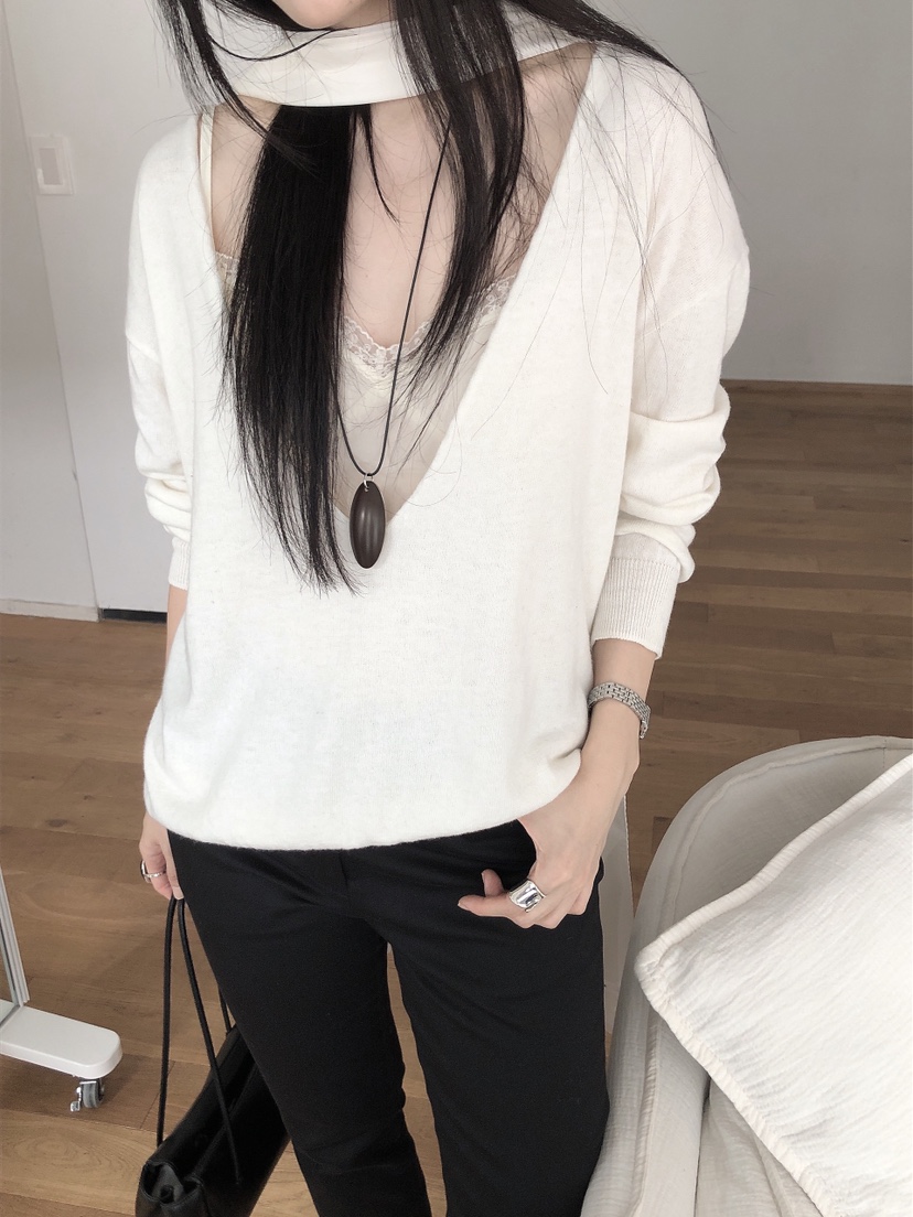 LE BUTTER韓國代購女士新品休閑人氣真品熱賣針織衫深V領LE BUTTER針織衫圖色2