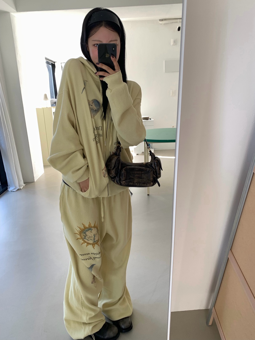 SEOLO東大門直郵女裝新款休閑推薦衛衣拉鏈連帽衫華夫格復古Seolo seoul衛衣