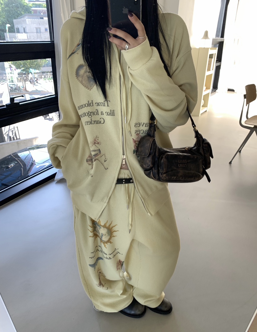 SEOLO東大門直郵女裝新款休閑推薦衛衣拉鏈連帽衫華夫格復古Seolo seoul衛衣