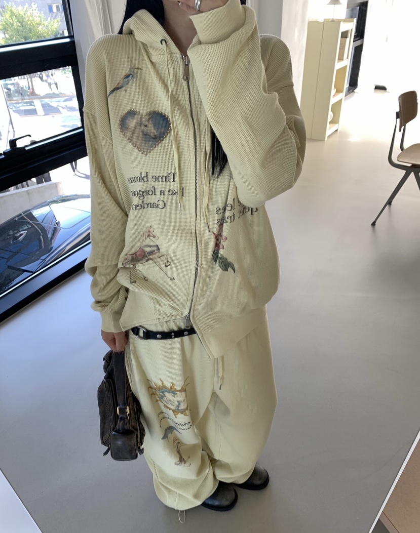 SEOLO東大門直郵女裝新款休閑推薦衛衣拉鏈連帽衫華夫格復古Seolo seoul衛衣