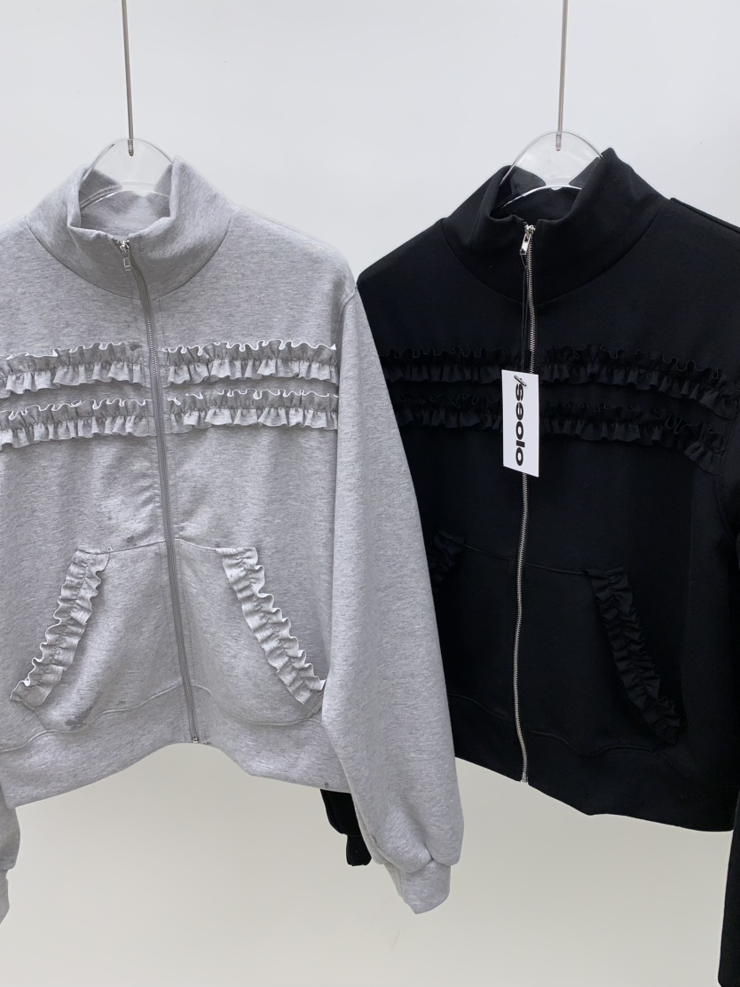 SEOLO東大門實拍女士新品人氣真品熱賣休閑衛衣半拉鏈荷葉邊Seolo seoul衛衣
