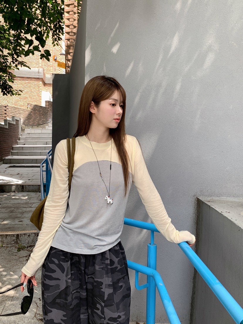 MAISONDEGLORY東大門實拍女裝新品時尚推薦休閑長袖T恤撞色MAISONDEGLORY長袖T恤