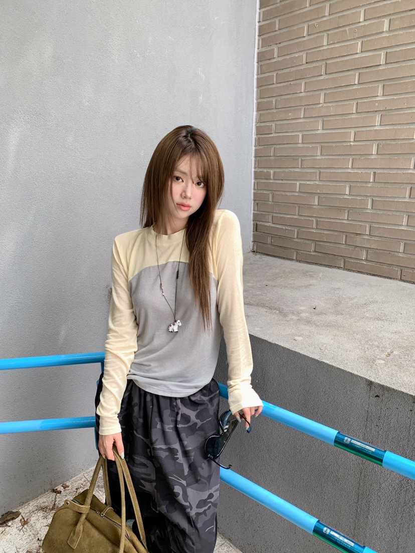 MAISONDEGLORY東大門實拍女裝新品時尚推薦休閑長袖T恤撞色MAISONDEGLORY長袖T恤