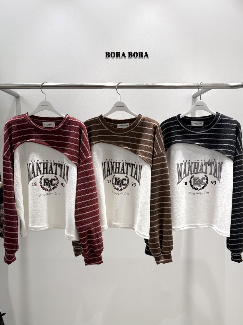 BORA BORA東大門實拍女裝新款時尚真品長袖T恤毛圈布條紋BORA BORA長袖T恤