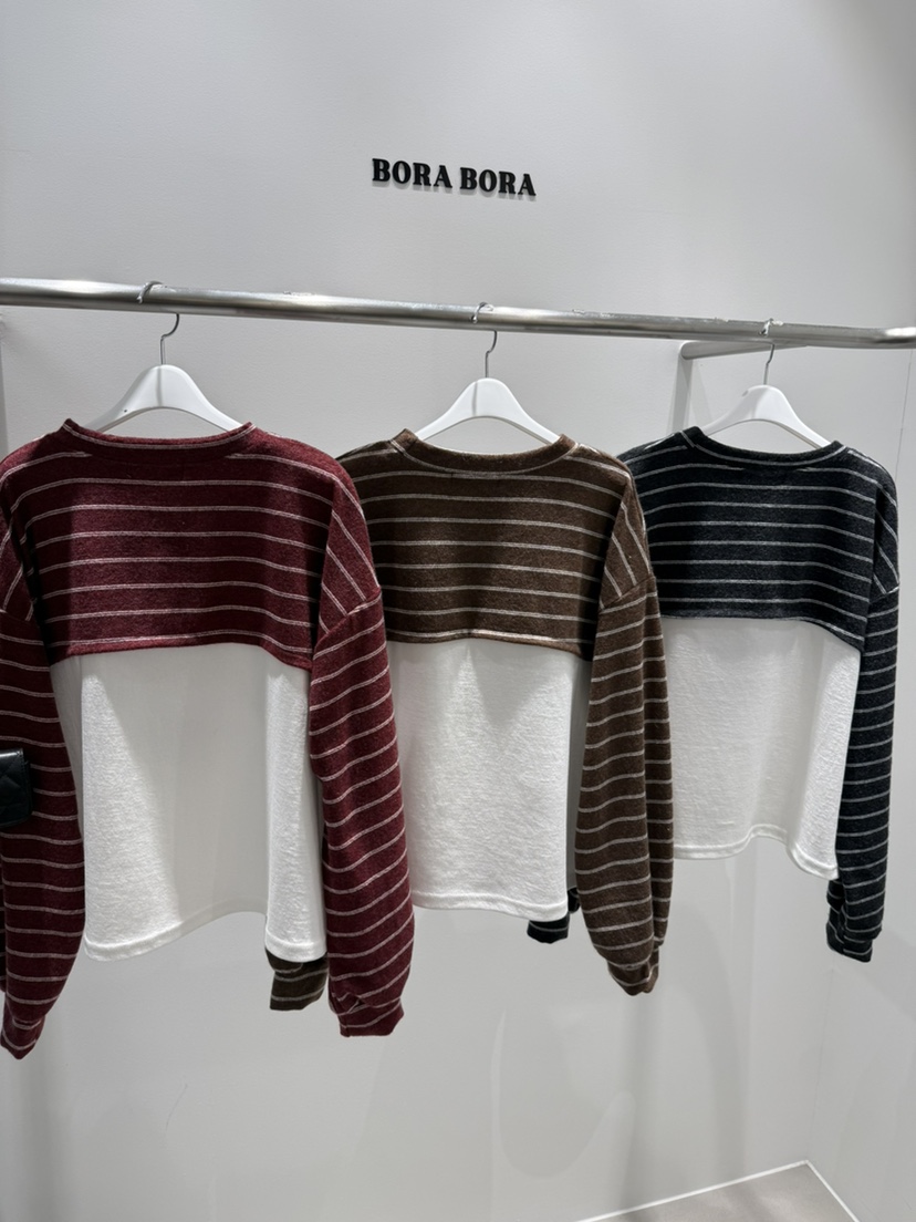 BORA BORA東大門實拍女裝新款時尚真品長袖T恤毛圈布條紋BORA BORA長袖T恤