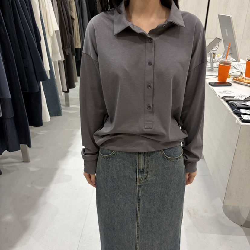 ETTER韓國代購女士新款熱賣真品人氣時尚長袖T恤絲綢紐扣ETTER長袖T恤圖色2墨