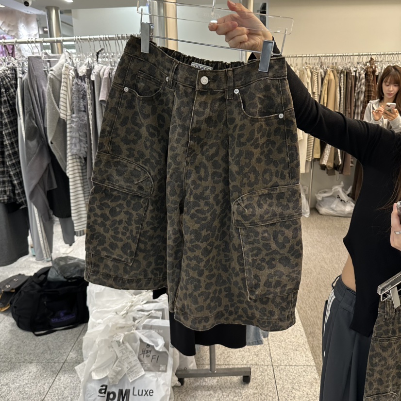 VIRKIN韓國直郵女士新品真品人氣休閑休閑褲可拆卸拉鏈豹紋VIRKIN休閑褲
