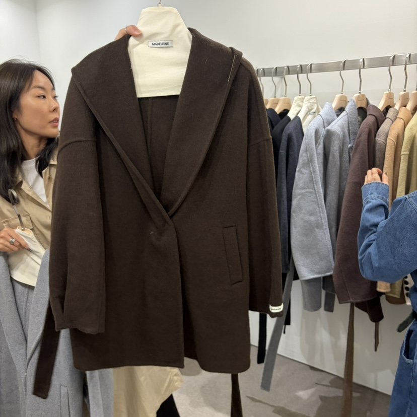 MADELEINE韓國代購女士新品熱賣休閑短款大衣含腰帶手工羊毛MADELEINE短款大衣圖色2棕色